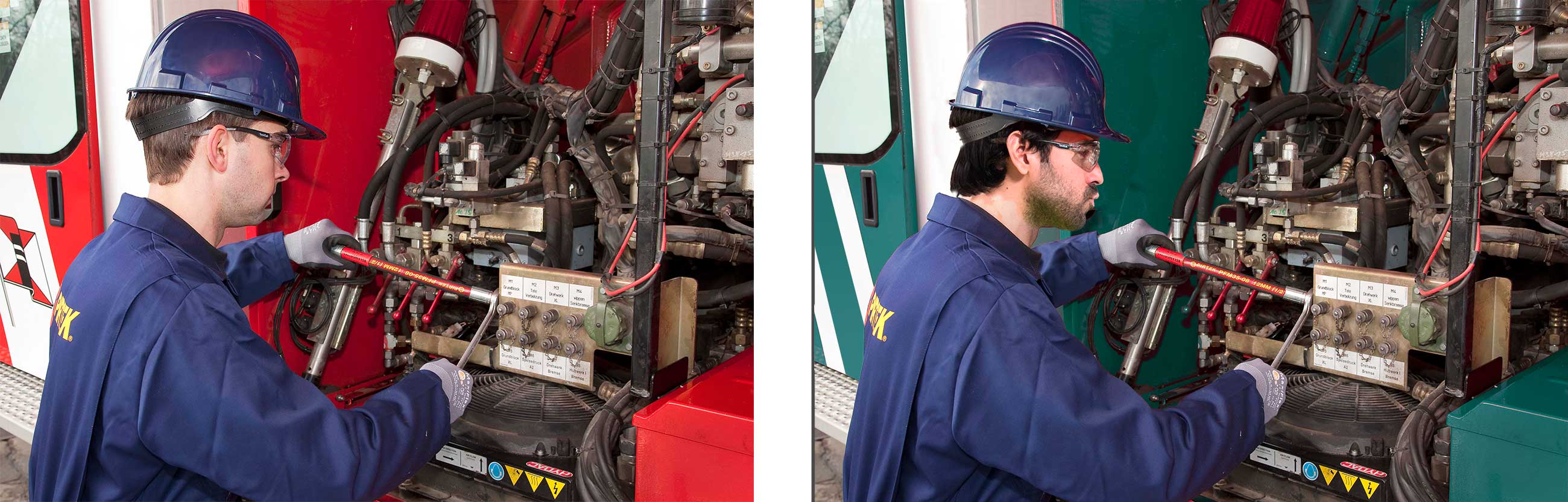 Bij dezelfde fotosessie bij Pirtek werd een andere monteur bij een andere machine verwacht. Getoonde werkzaamheden bleven gelijk. In plaats van nieuwe fotografie werd hier een aanpassing gedaan aan portret van het model en de kleuren van de kraanwagen aangepast. Resultaat is rechts getoond. Op vergelijkbare wijze meerdere afbeeldingen bijgewerkt. Belangrijk is dat hiermee de relatief hoge kosten van fotografie op locatie overbodig werden vermeden.