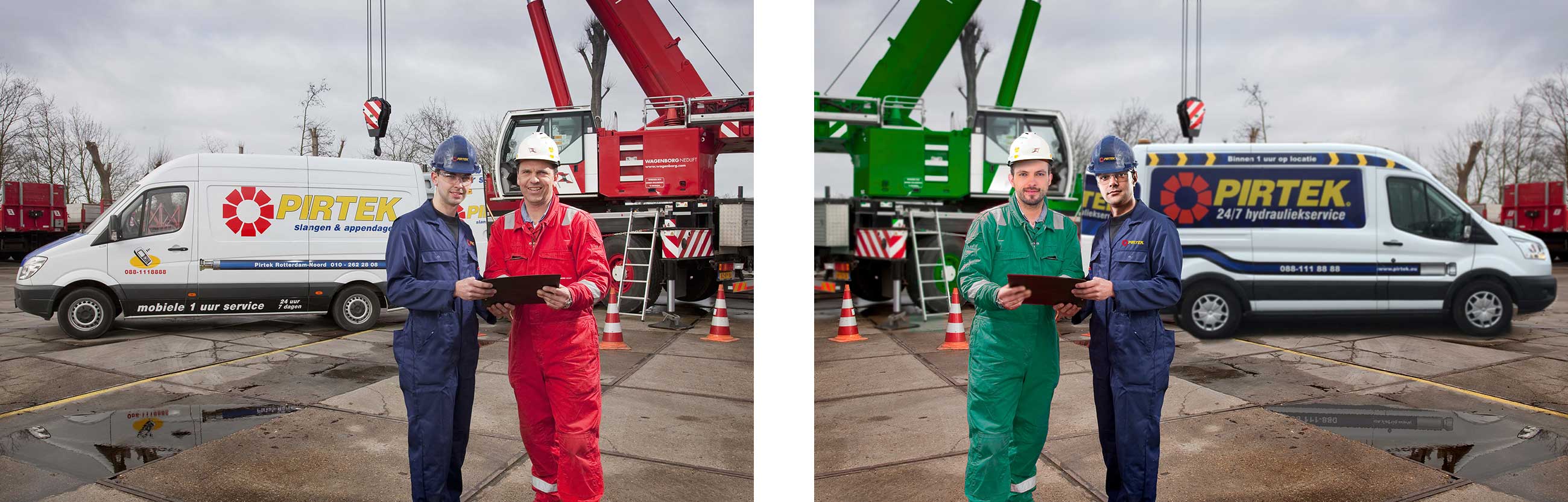 Bij Pirtek werd de huisstijl aangepast en kregen de servicewagens een nieuw uiterlijk. Voor specifieke toepassing moest op korte termijn een nieuwe foto worden aangeleverd van een vergelijkbare situatie. Oplossing werd gevonden door de foto links te spiegelen en te voorzien van nieuwe logo op de bus, inclusies reflectie in de waterplak. Om een nieuwe situatie meer aannemelijk te maken werden de gezichten van de personen vervangen en kreeg de rode kraan een nieuwe kleur.